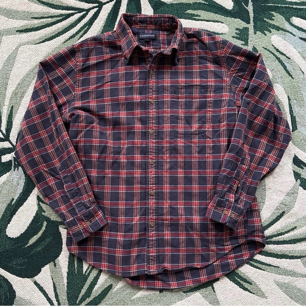 Lands' End Men's Plaid Button Down Shirt - Red and Blue